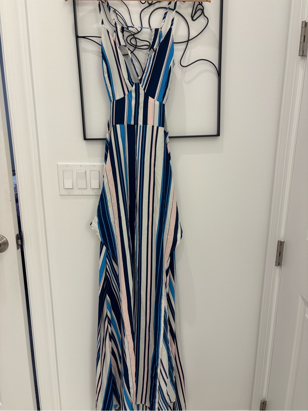 Striped V-Neck Maxi Dress in Navy, Blue & Pink